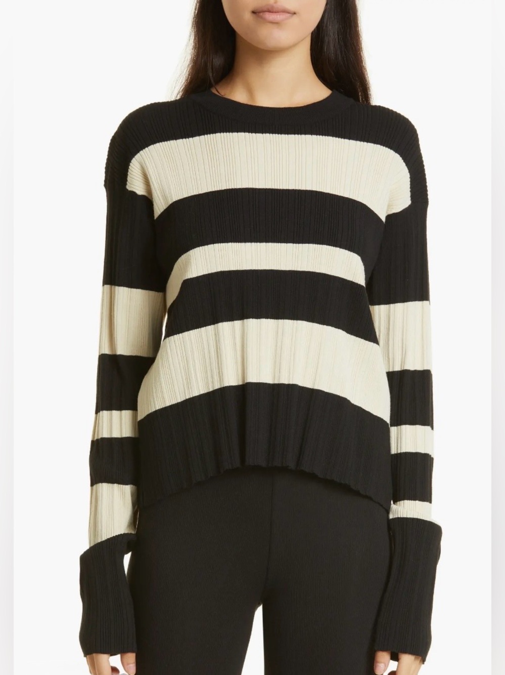 ATM Cream Black Variegated Striped Rib Long Sleeve Crew Sweater Size Small